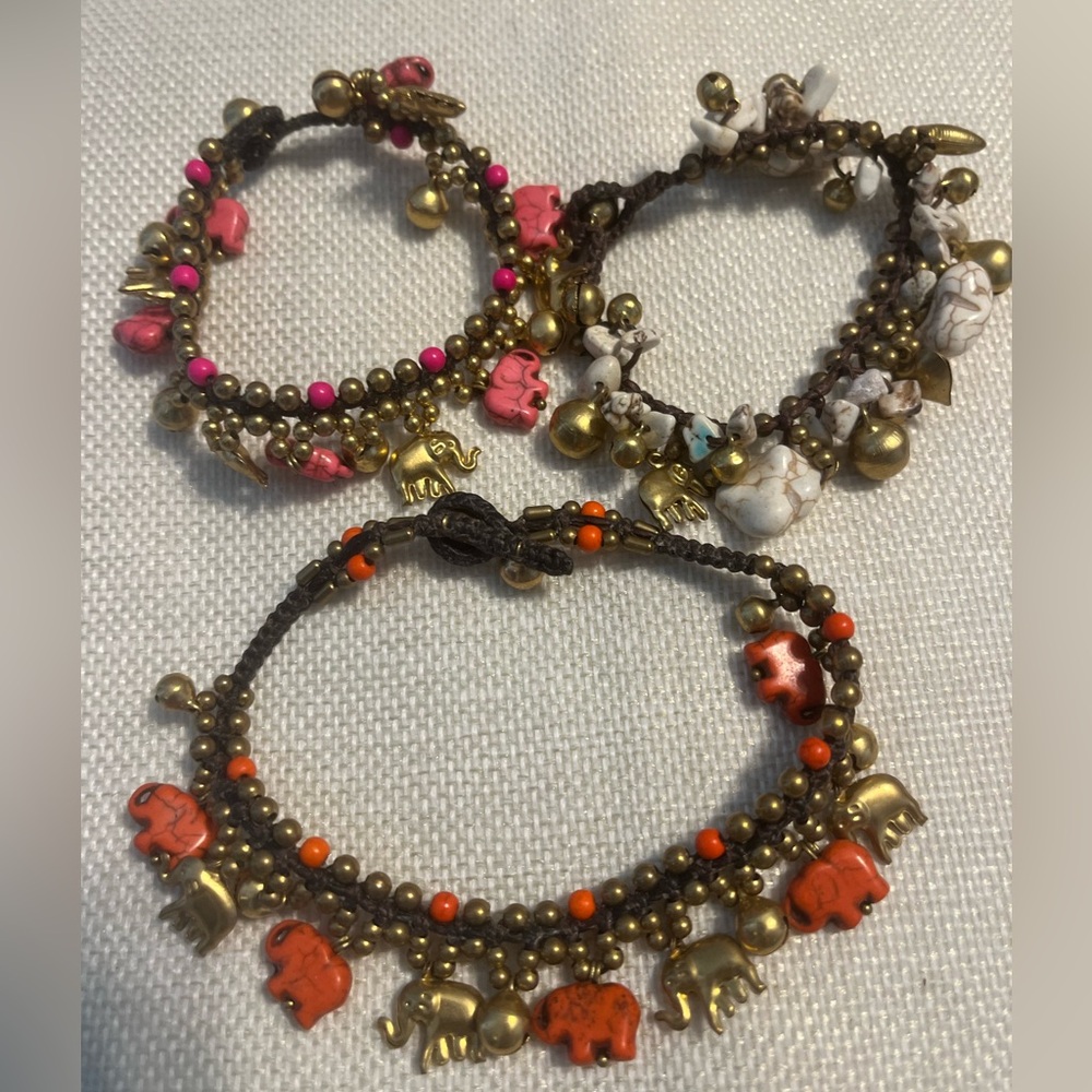 Handmade From Thailand Unique Elephant Ankle and 2 Wrist Bracelets Multicolor